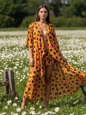 LuLaRoe Summer Sunshine Yellow and Pink Sunflower Kimono